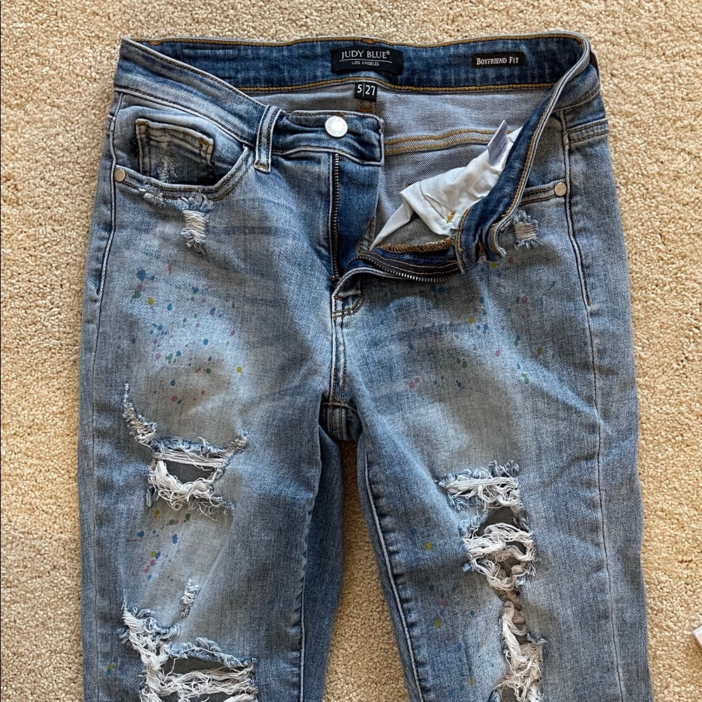 Judy Blue Women's Mid-Rise Light Blue Distressed Boyfriend Jeans